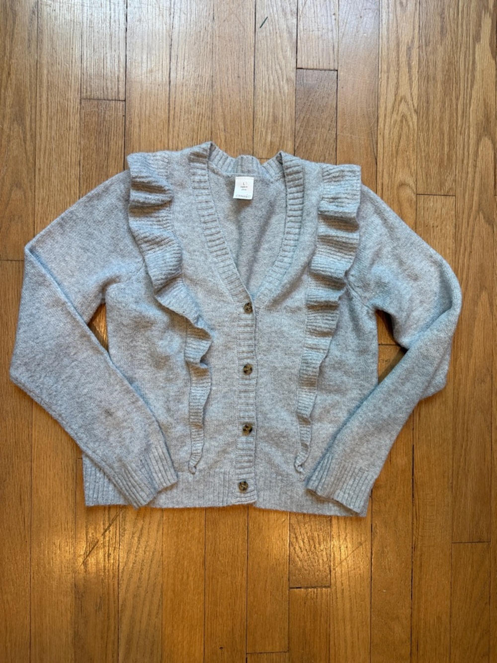 Ruffle Trim V-Neck Button Cardigan - Light Gray
